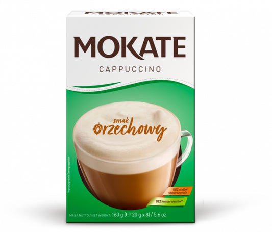 Mokate - Cappuccino, instant coffee, HAZELNUT flavor, net weight: 5.6 oz (0.7 oz x 8)