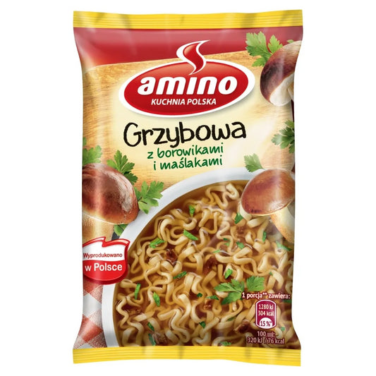 Amino Grzybowa - mushroom instant noodle soup, net weight: 2.0 oz