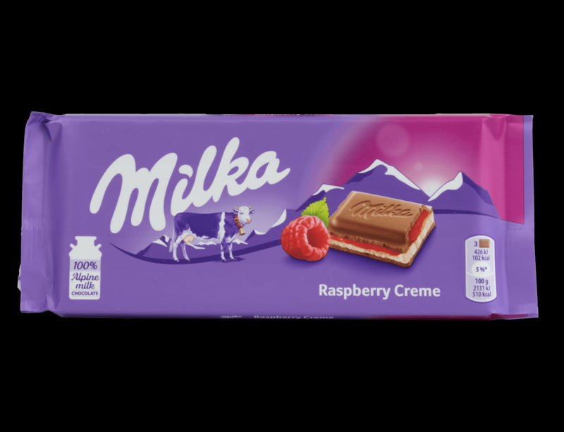 Milka Raspberry Creme - milk chocolate with raspberry and cream filling, net weight: 3.53 oz