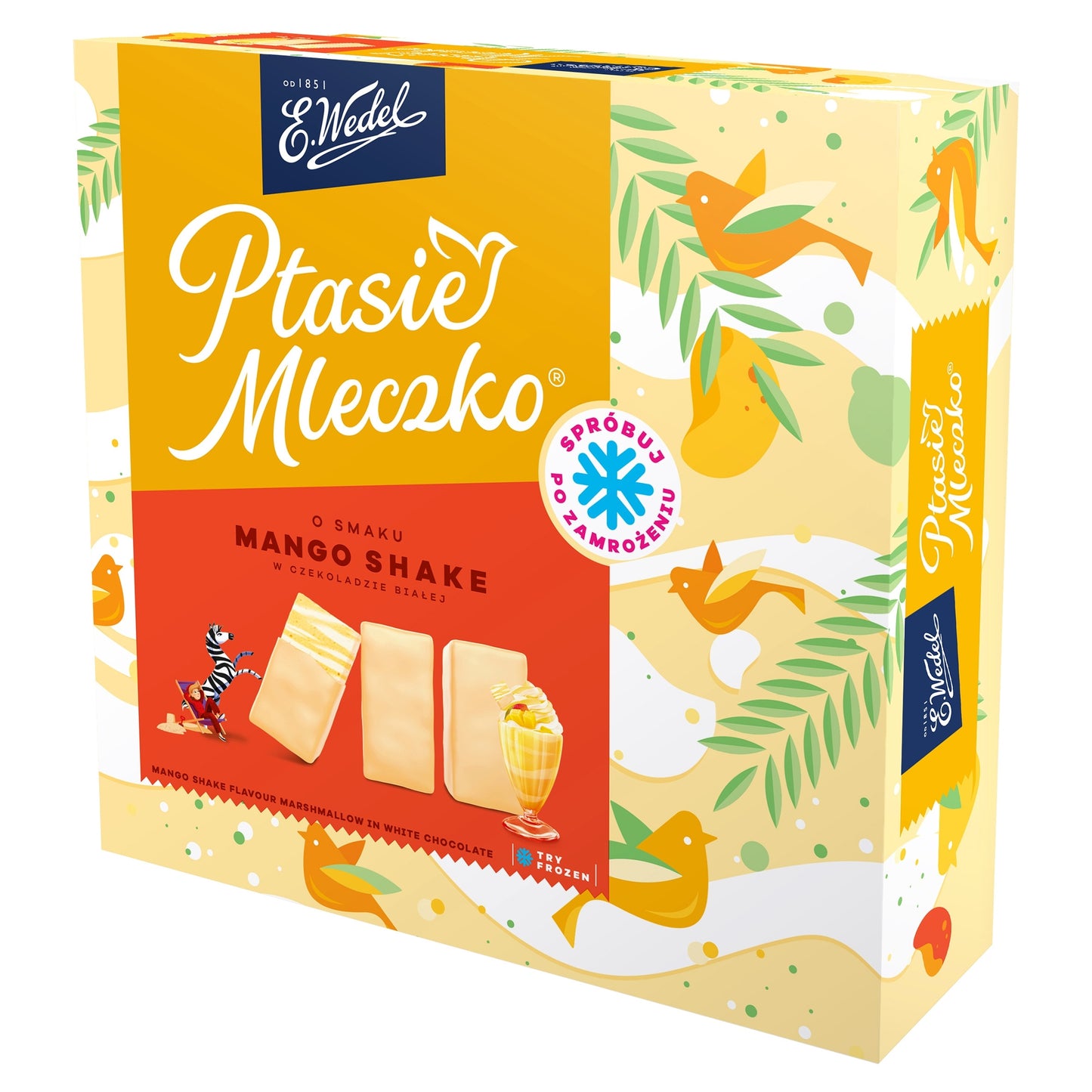 E. Wedel Ptasie Mleczko - mango shake flavor marshmallow in white chocolate, net weight: 12.7 oz