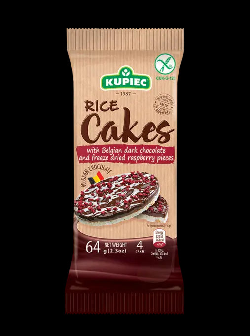 Kupiec - Rice Cakes with Belgian dark chocolate and freeze dried raspberry flavored pieces, net weight: 2.3 oz (4 cakes)
