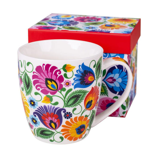 Folkstar - Stefania - mug in a decorative box - white Łowicz pattern, capacity: 13.19 fl oz