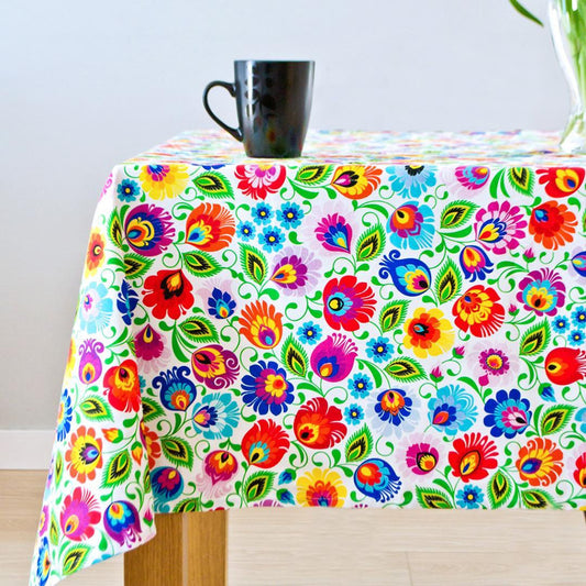 Folkstar - cotton tablecloth - white Łowicz pattern