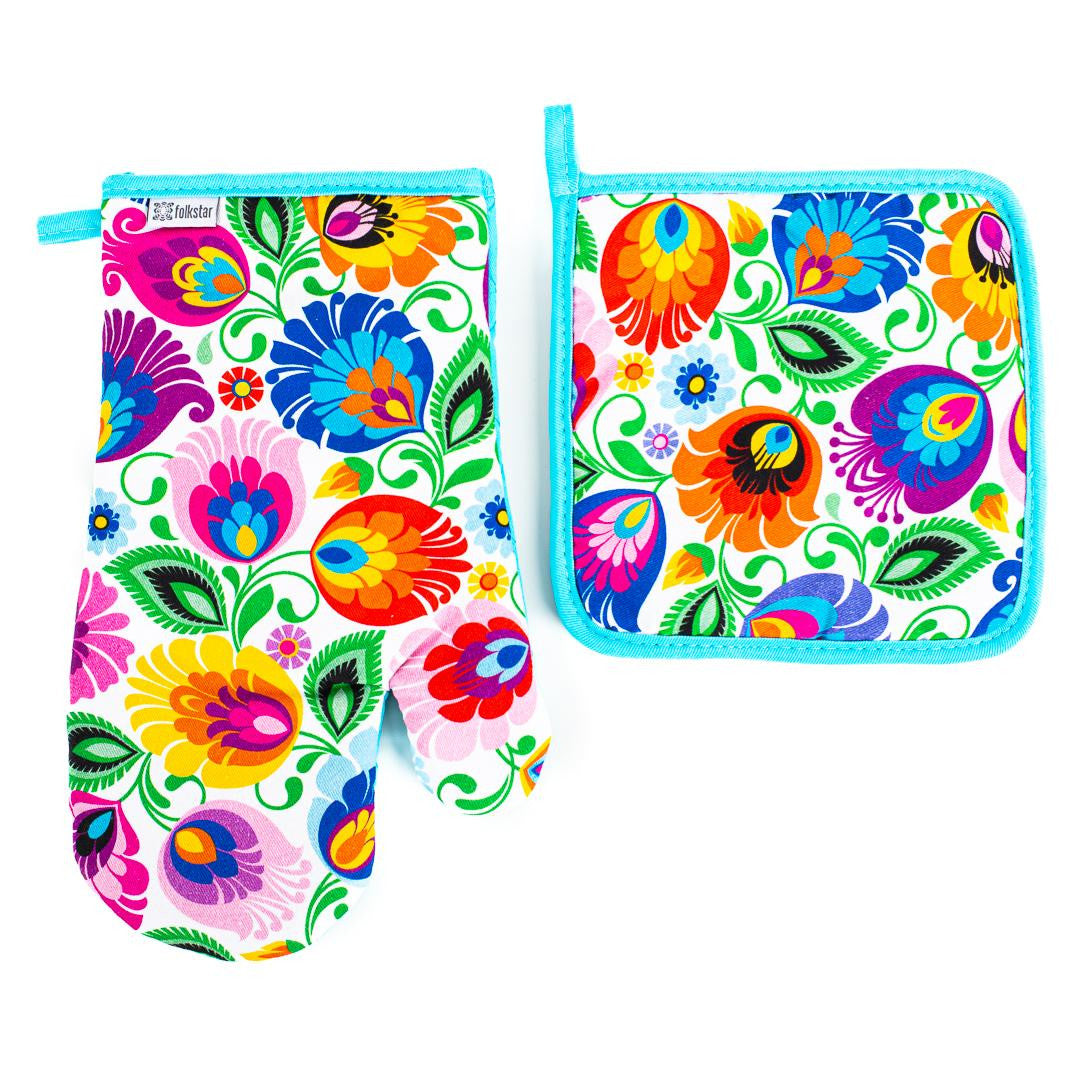 Folkstar - oven mitt and paw - white Łowicz pattern