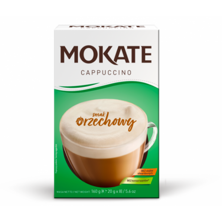Mokate - Cappuccino, instant coffee, HAZELNUT flavor, net weight: 5.6 oz (0.7 oz x 8)