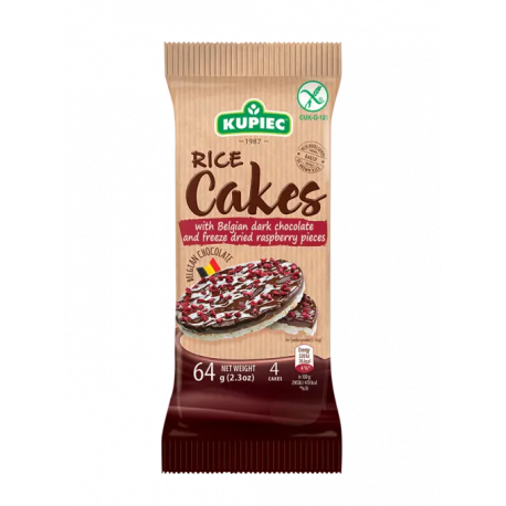 Kupiec - Rice Cakes with Belgian dark chocolate and freeze dried raspberry flavored pieces, net weight: 2.3 oz (4 cakes)