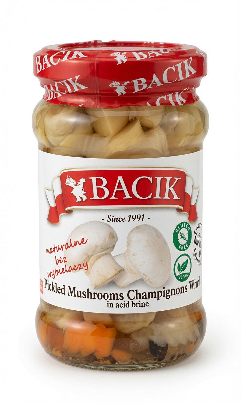 Bacik - Pickled Mushrooms (Champignons) in Acid Brine, Net Wt: 10.5 oz (300 g), Drained Wt: 5.5 oz (160 g)