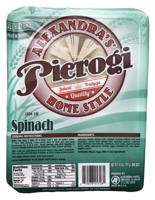 Alexandra Foods - spinach pierogi, net weight: 14 oz. (one doz.)