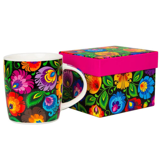 Folkstar - Hania - mug in a decorative box - black Łowicz pattern, capacity: 11.5 fl oz
