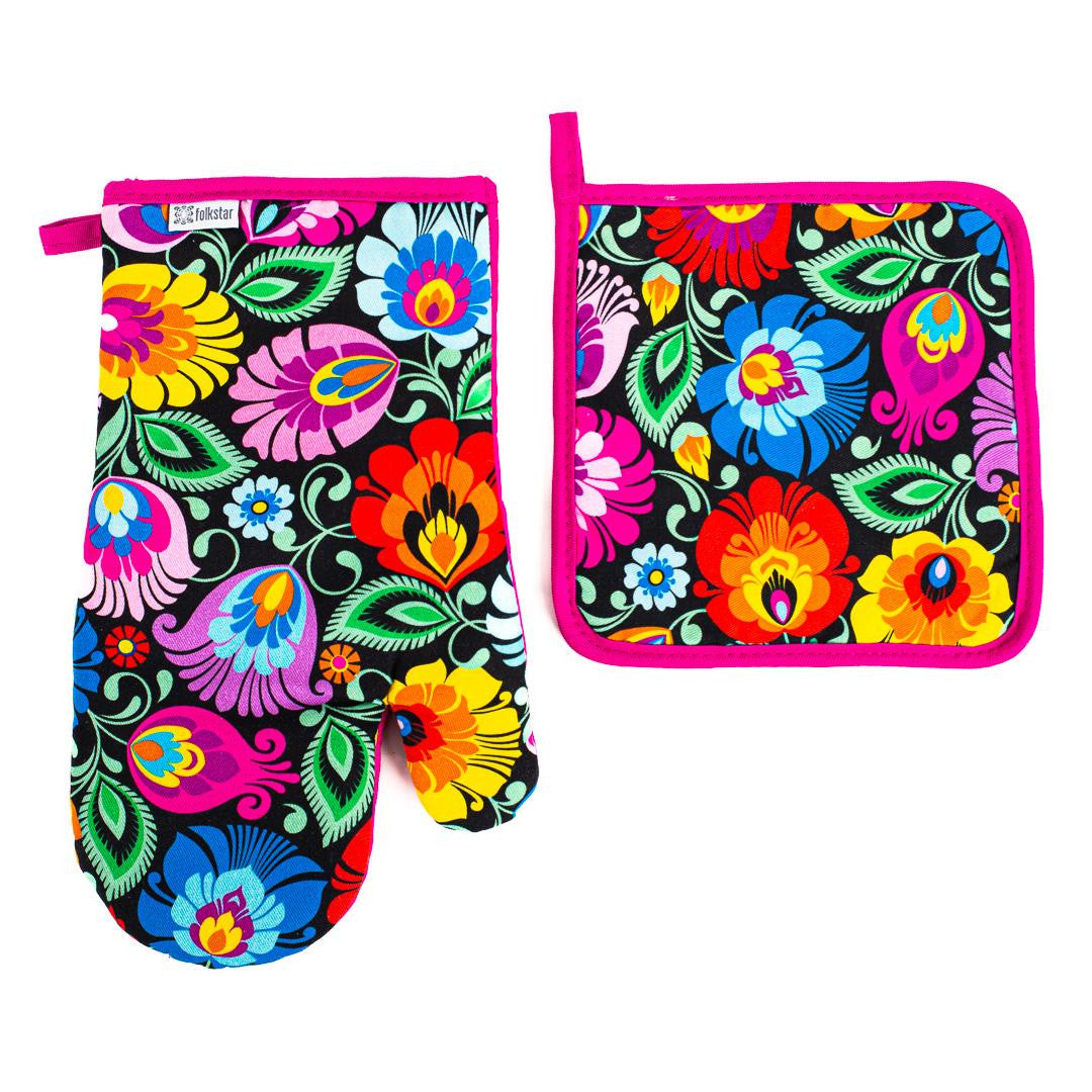 Folkstar - oven mitt and paw - black Łowicz pattern