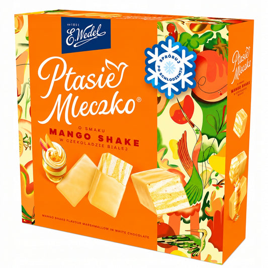 E. Wedel Ptasie Mleczko - mango shake flavor marshmallow in white chocolate, net weight: 12 oz (340 g)