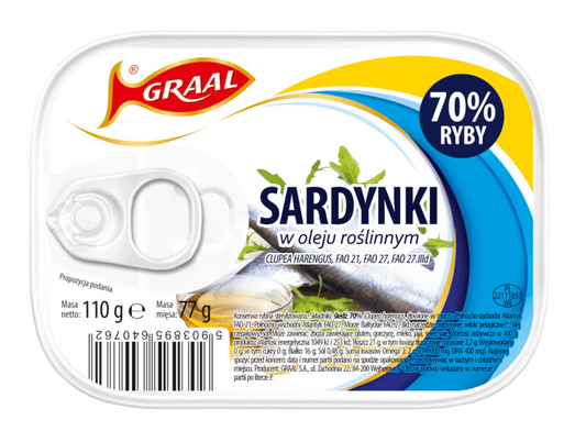 Graal - Sardines in Vegetable Oil, Net Wt.: 3.88 oz (110 g)