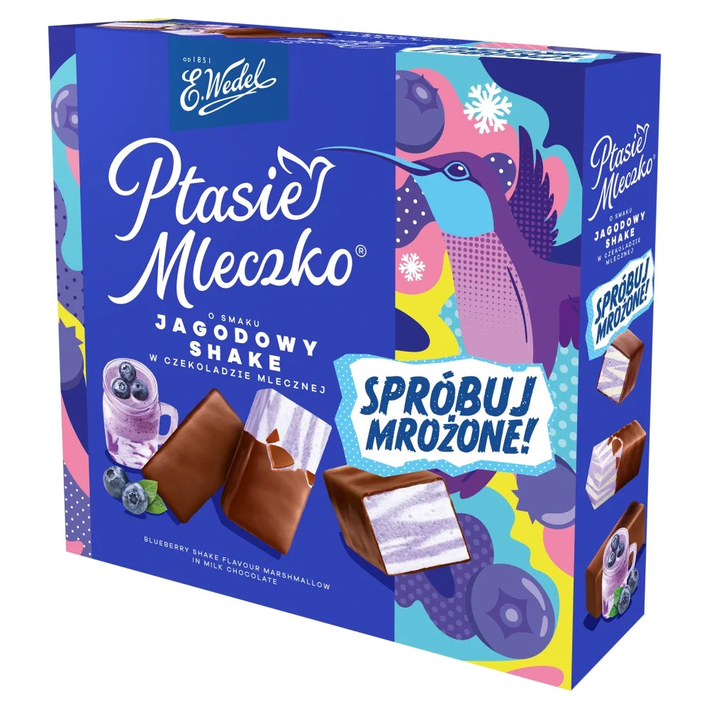 E.Wedel Ptasie Mleczko® - Blueberry Shake Flavor Marshmallow in Milk Chocolate, Net Wt: 12 oz (340 g)